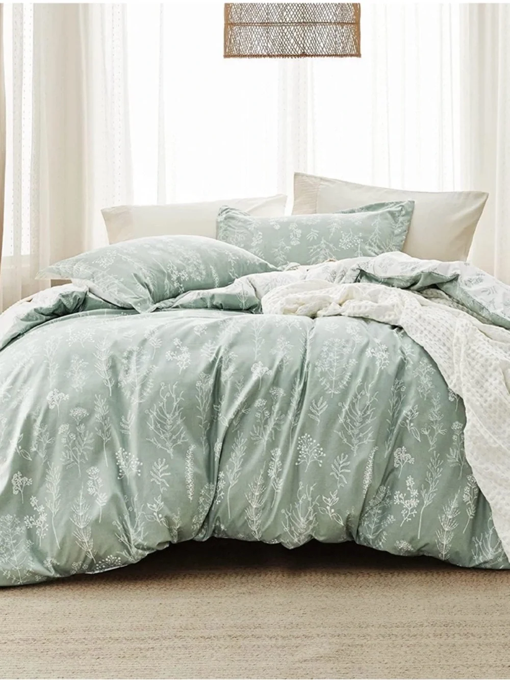 Soft Sage Botanical Print King Comforter Set , 3 Pieces Reversible Floral